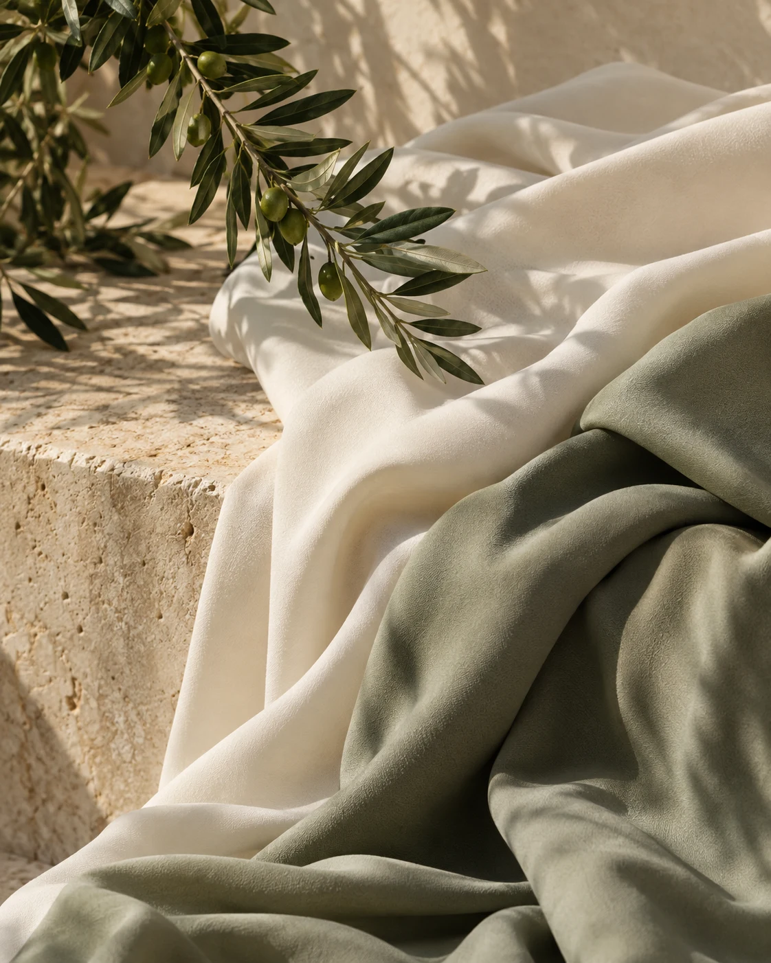 Ivory and sage fabric with olive leaves